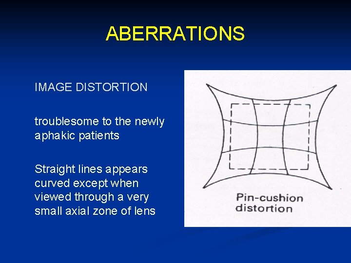 ABERRATIONS IMAGE DISTORTION troublesome to the newly aphakic patients Straight lines appears curved except