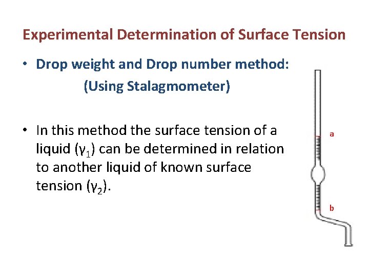 Experimental Determination of Surface Tension • Drop weight and Drop number method: (Using Stalagmometer)