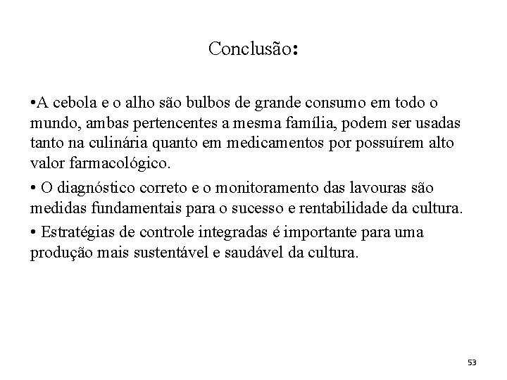 Conclusão: • A cebola e o alho são bulbos de grande consumo em todo