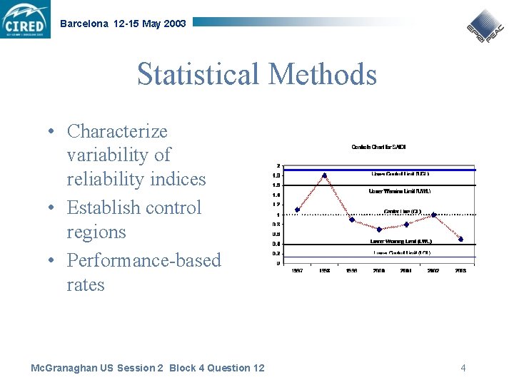 Barcelona 12 -15 May 2003 Statistical Methods • Characterize variability of reliability indices •