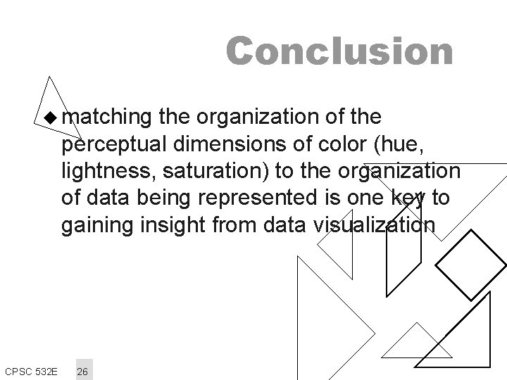 Conclusion u matching the organization of the perceptual dimensions of color (hue, lightness, saturation)