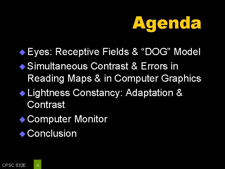 Agenda u Eyes: Receptive Fields & “DOG” Model u Simultaneous Contrast & Errors in