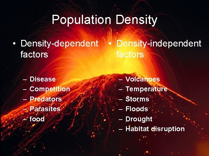 Population Density • Density-dependent factors – – – Disease Competition Predators Parasites food •