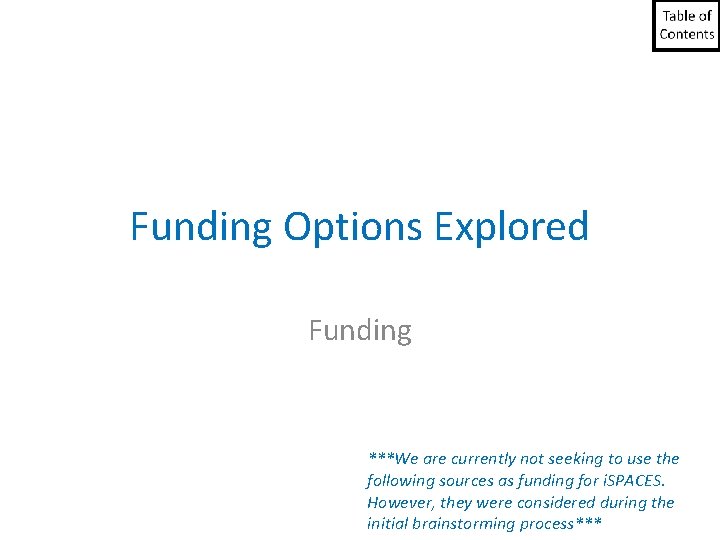 Funding Options Explored Funding ***We are currently not seeking to use the following sources Funding Options Explored Funding ***We are currently not seeking to use the following sources