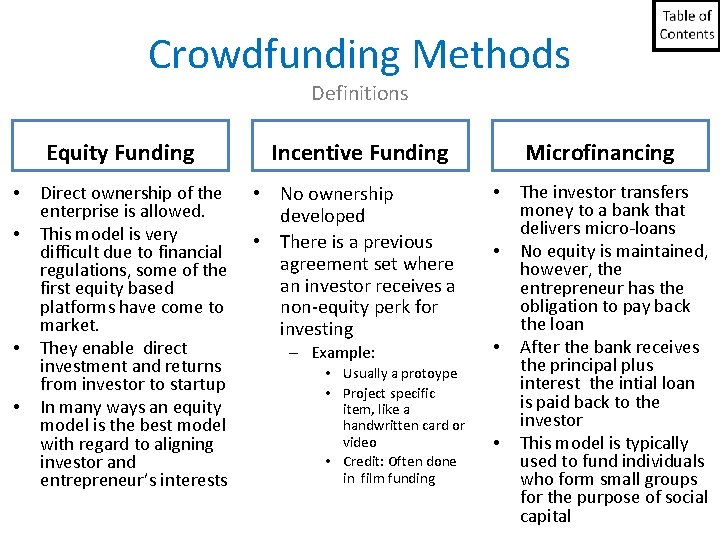 Crowdfunding Methods Definitions Equity Funding • • Direct ownership of the enterprise is allowed. Crowdfunding Methods Definitions Equity Funding • • Direct ownership of the enterprise is allowed.