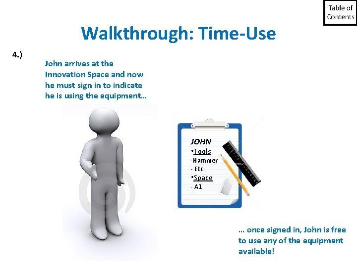 Walkthrough: Time-Use 4. ) John arrives at the Innovation Space and now he must Walkthrough: Time-Use 4. ) John arrives at the Innovation Space and now he must