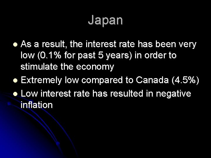 Japan As a result, the interest rate has been very low (0. 1% for