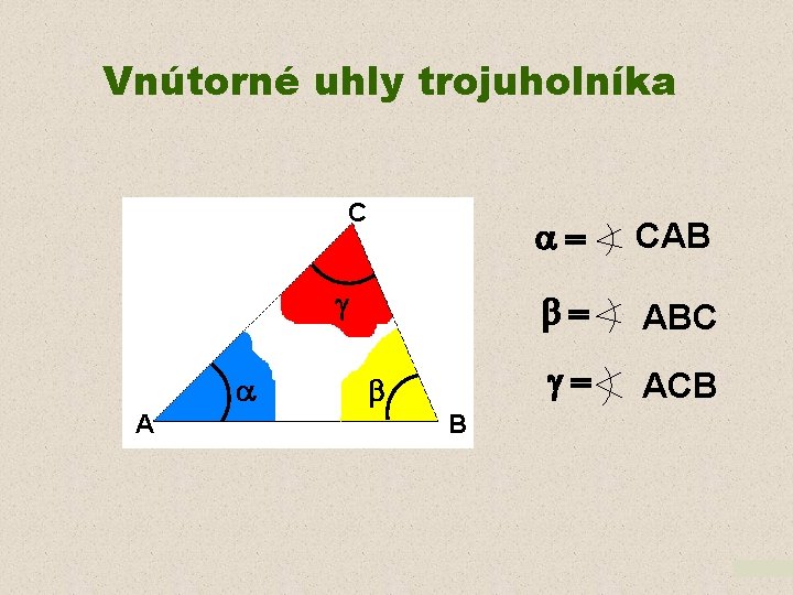 Vnútorné uhly trojuholníka C A B CAB ABC ACB 