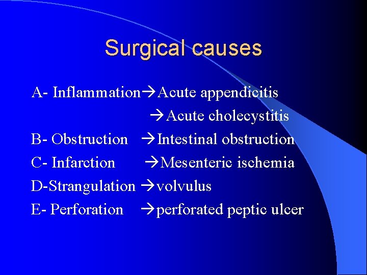 Surgical causes A- Inflammation Acute appendicitis Acute cholecystitis B- Obstruction Intestinal obstruction C- Infarction