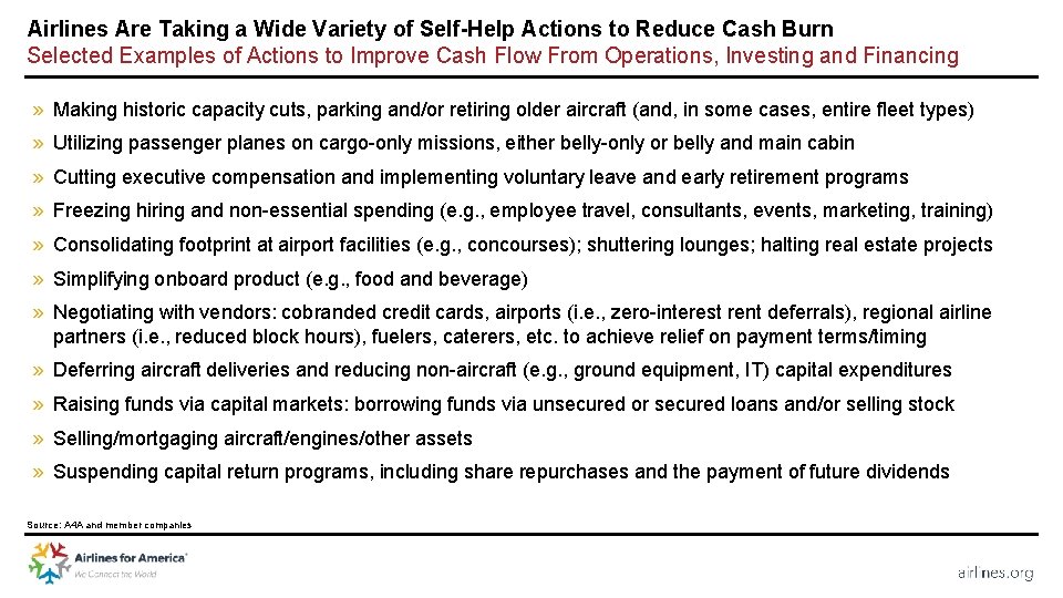 Airlines Are Taking a Wide Variety of Self-Help Actions to Reduce Cash Burn Selected