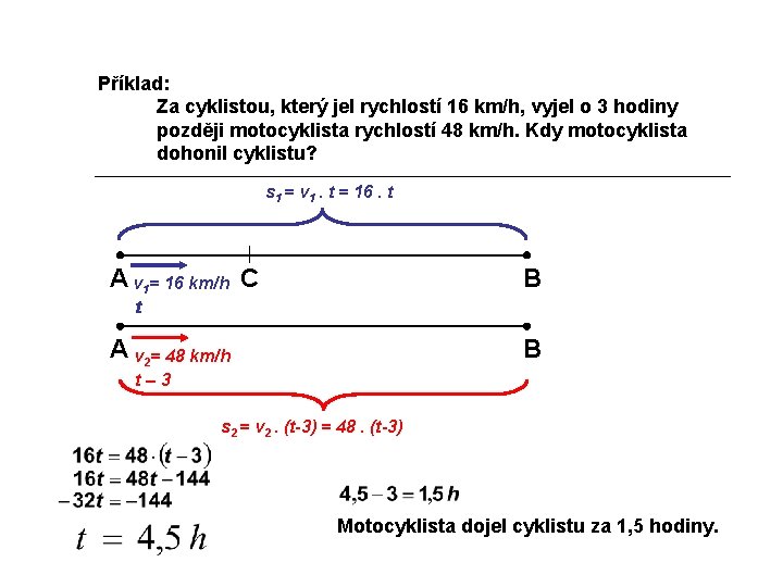 Příklad: Za cyklistou, který jel rychlostí 16 km/h, vyjel o 3 hodiny později motocyklista