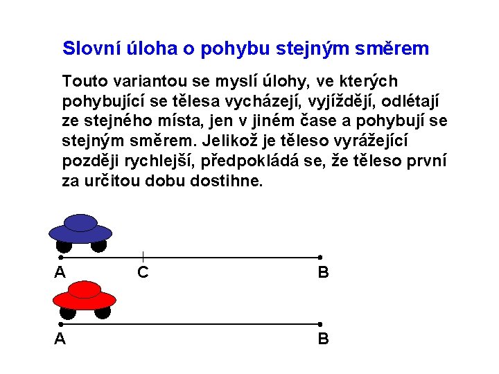 Slovní úloha o pohybu stejným směrem Touto variantou se myslí úlohy, ve kterých pohybující