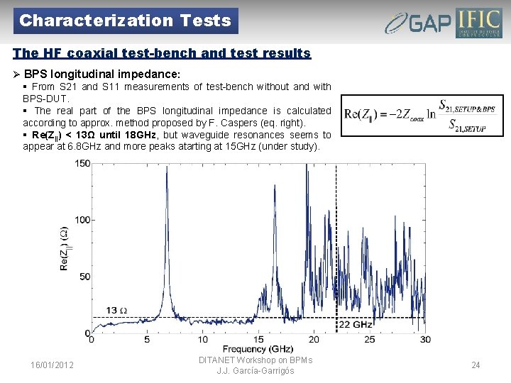 Characterization Tests The HF coaxial test-bench and test results Ø BPS longitudinal impedance: §