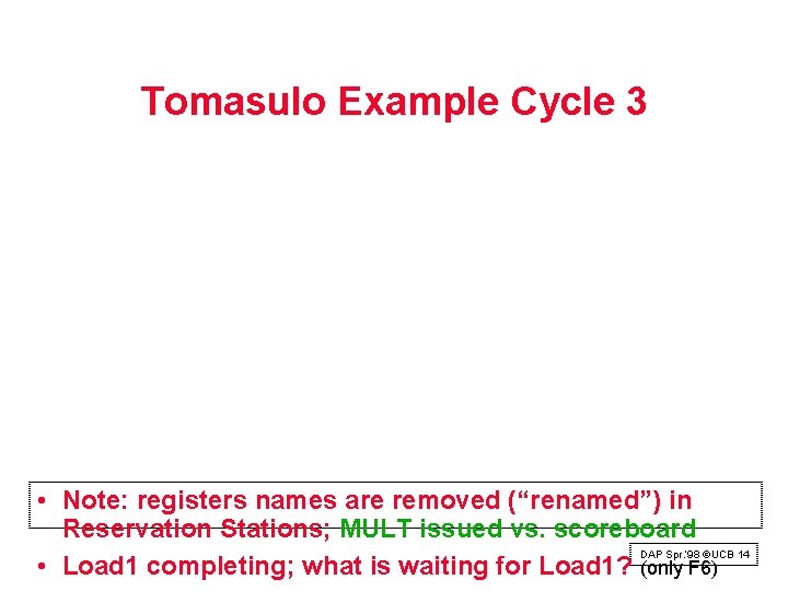 Tomasulo Example Cycle 3 • Note: registers names are removed (“renamed”) in Reservation Stations; Tomasulo Example Cycle 3 • Note: registers names are removed (“renamed”) in Reservation Stations;