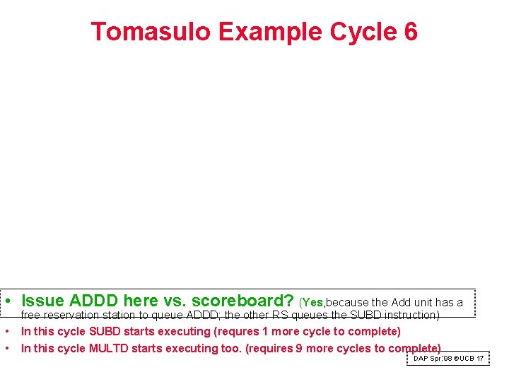 Tomasulo Example Cycle 6 • Issue ADDD here vs. scoreboard? (Yes, because the Add Tomasulo Example Cycle 6 • Issue ADDD here vs. scoreboard? (Yes, because the Add