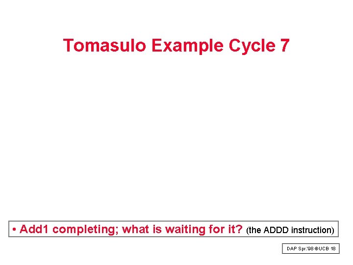 Tomasulo Example Cycle 7 • Add 1 completing; what is waiting for it? (the Tomasulo Example Cycle 7 • Add 1 completing; what is waiting for it? (the