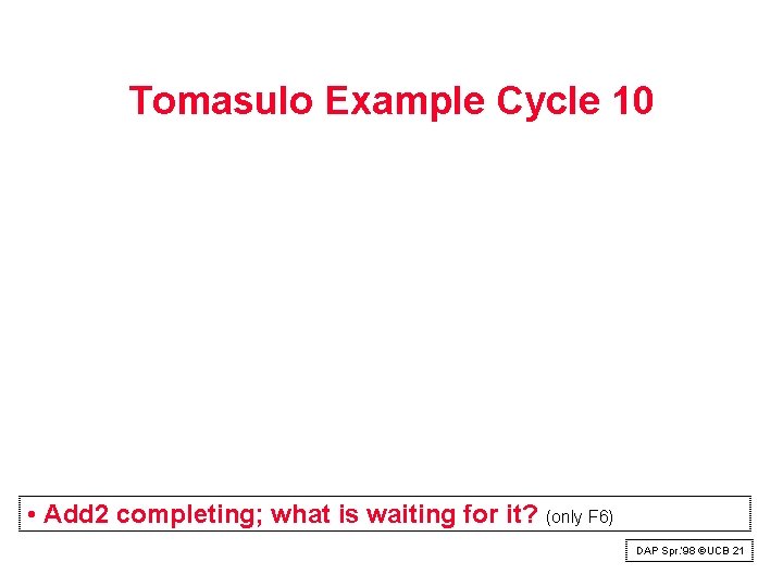 Tomasulo Example Cycle 10 • Add 2 completing; what is waiting for it? (only Tomasulo Example Cycle 10 • Add 2 completing; what is waiting for it? (only