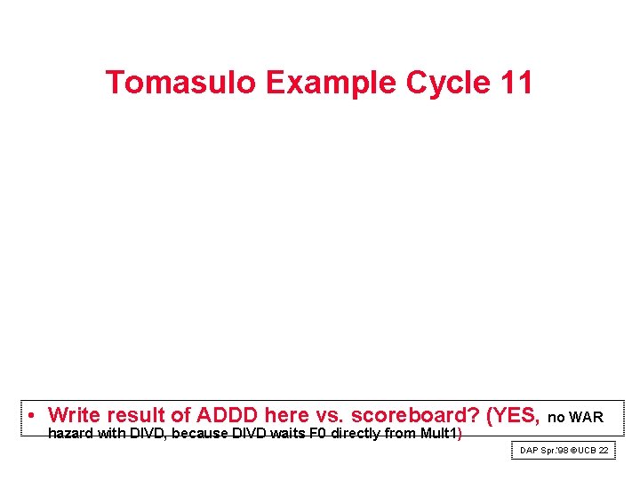 Tomasulo Example Cycle 11 • Write result of ADDD here vs. scoreboard? (YES, no Tomasulo Example Cycle 11 • Write result of ADDD here vs. scoreboard? (YES, no