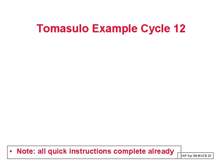Tomasulo Example Cycle 12 • Note: all quick instructions complete already DAP Spr. ‘ Tomasulo Example Cycle 12 • Note: all quick instructions complete already DAP Spr. ‘