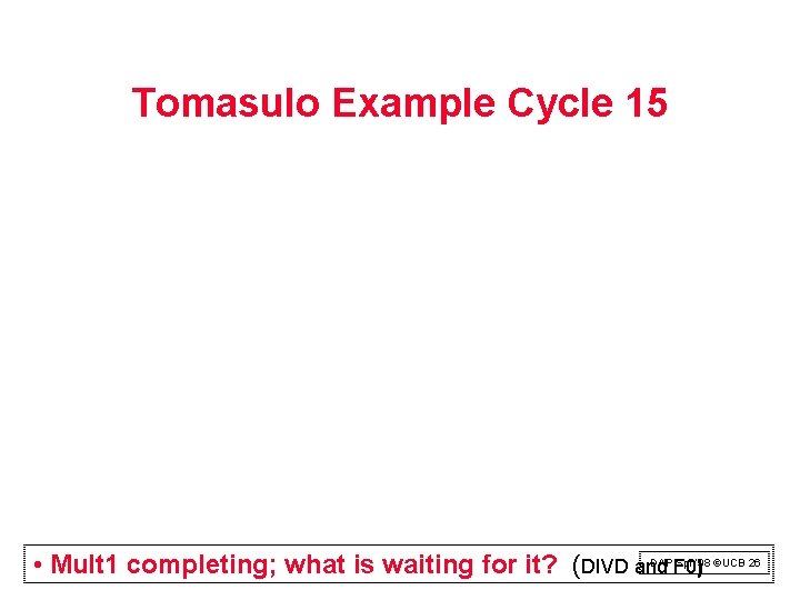 Tomasulo Example Cycle 15 DAP Spr. ‘ 98 ©UCB 26 • Mult 1 completing; Tomasulo Example Cycle 15 DAP Spr. ‘ 98 ©UCB 26 • Mult 1 completing;