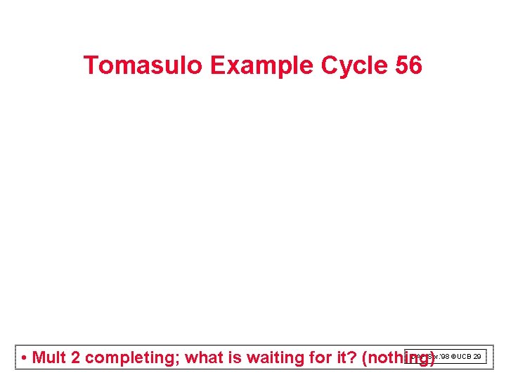 Tomasulo Example Cycle 56 DAP Spr. ‘ 98 ©UCB 29 • Mult 2 completing; Tomasulo Example Cycle 56 DAP Spr. ‘ 98 ©UCB 29 • Mult 2 completing;