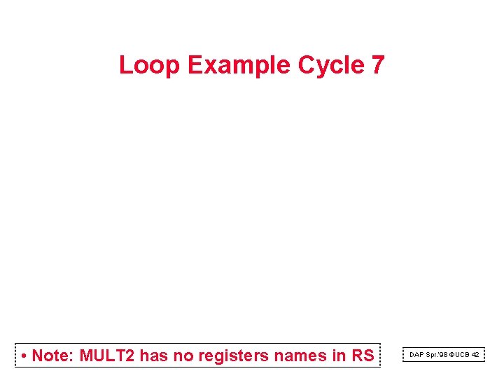 Loop Example Cycle 7 • Note: MULT 2 has no registers names in RS Loop Example Cycle 7 • Note: MULT 2 has no registers names in RS