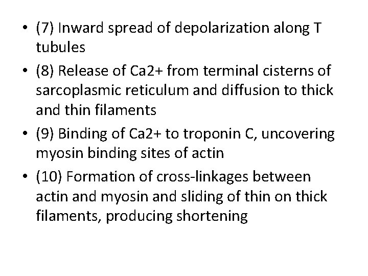  • (7) Inward spread of depolarization along T tubules • (8) Release of