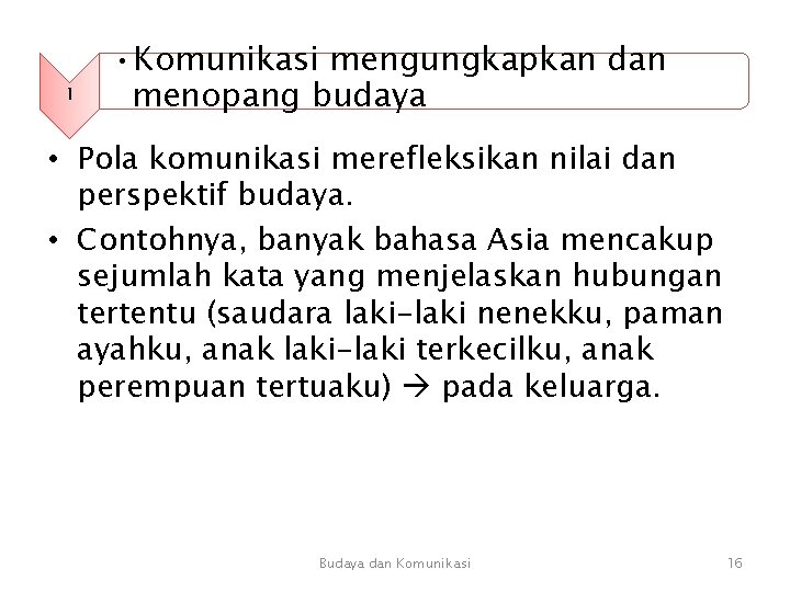 1 • Komunikasi mengungkapkan dan menopang budaya • Pola komunikasi merefleksikan nilai dan perspektif