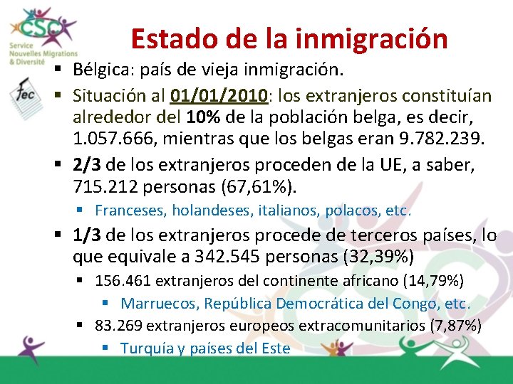 Estado de la inmigración § Bélgica: país de vieja inmigración. § Situación al 01/01/2010: