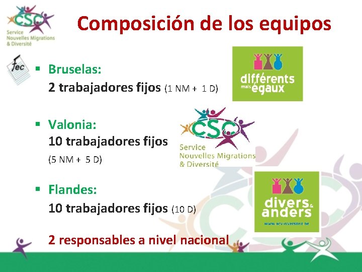 Composición de los equipos § Bruselas: 2 trabajadores fijos (1 NM + 1 D)