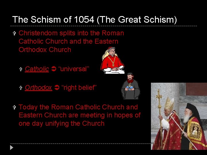 The Schism of 1054 (The Great Schism) Christendom splits into the Roman Catholic Church