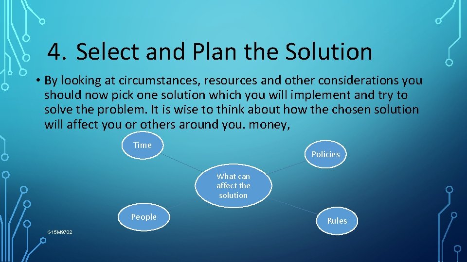 4. Select and Plan the Solution • By looking at circumstances, resources and other