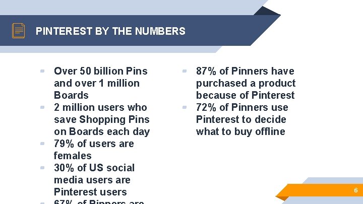 PINTEREST BY THE NUMBERS ▰ Over 50 billion Pins and over 1 million Boards
