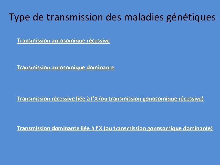 Type de transmission des maladies génétiques Transmission autosomique récessive Transmission autosomique dominante Transmission récessive