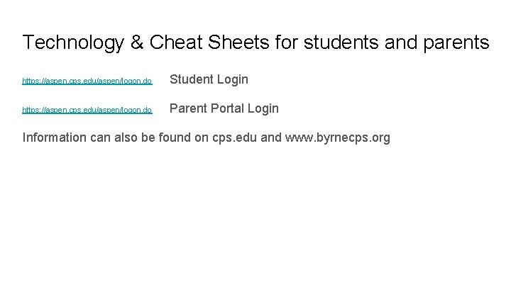 Technology & Cheat Sheets for students and parents https: //aspen. cps. edu/aspen/logon. do Student