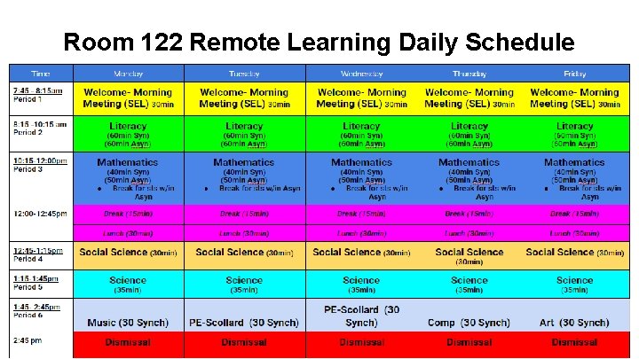 Room 122 Remote Learning Daily Schedule 