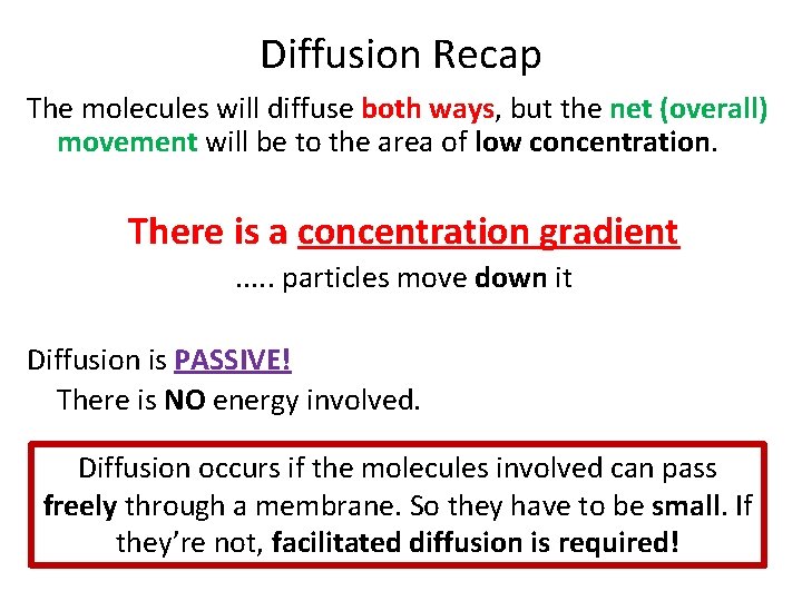Diffusion Recap The molecules will diffuse both ways, but the net (overall) movement will
