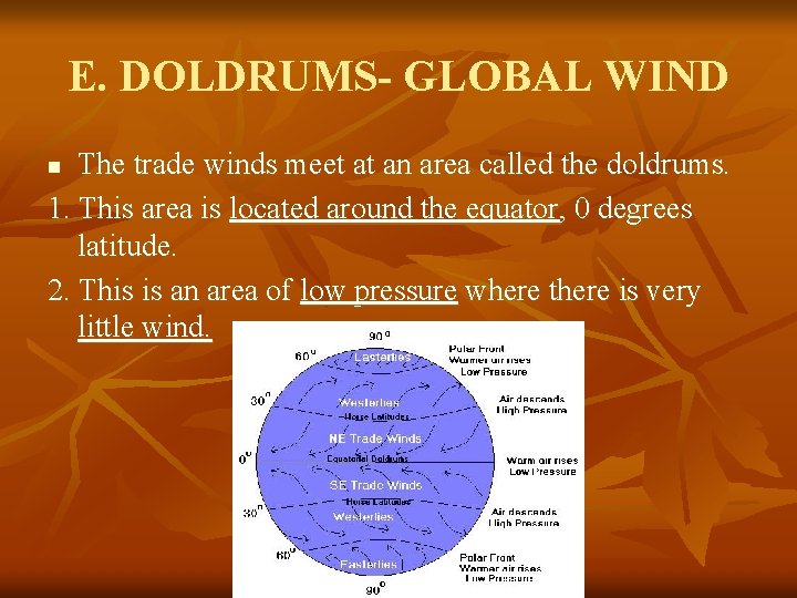 E. DOLDRUMS- GLOBAL WIND The trade winds meet at an area called the doldrums.