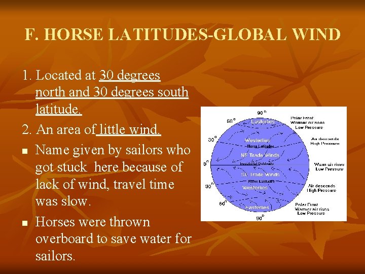 F. HORSE LATITUDES-GLOBAL WIND 1. Located at 30 degrees north and 30 degrees south