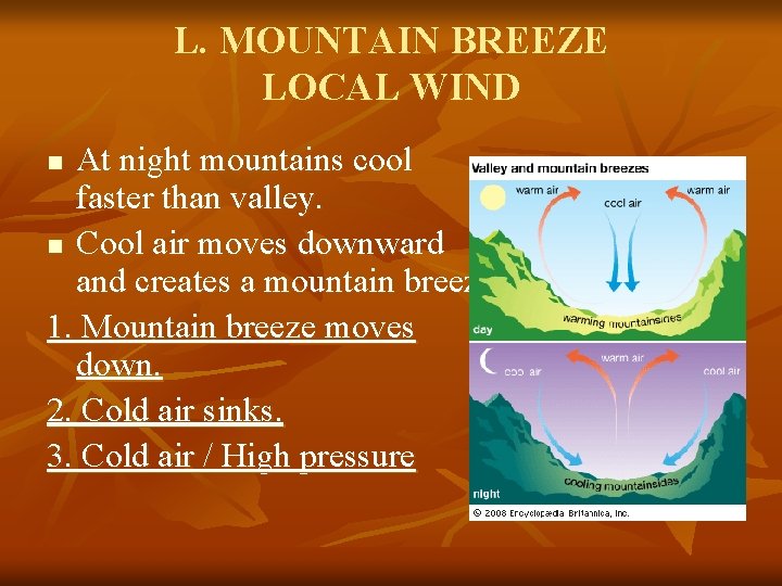 L. MOUNTAIN BREEZE LOCAL WIND At night mountains cool faster than valley. n Cool