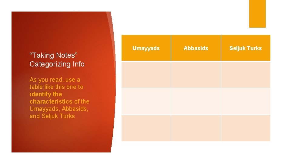 “Taking Notes” Categorizing Info As you read, use a table like this one to