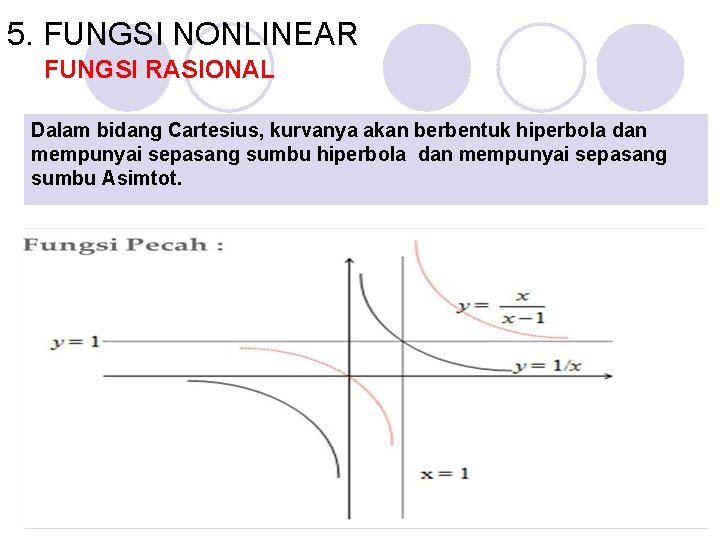 5. FUNGSI NONLINEAR FUNGSI RASIONAL Dalam bidang Cartesius, kurvanya akan berbentuk hiperbola dan mempunyai