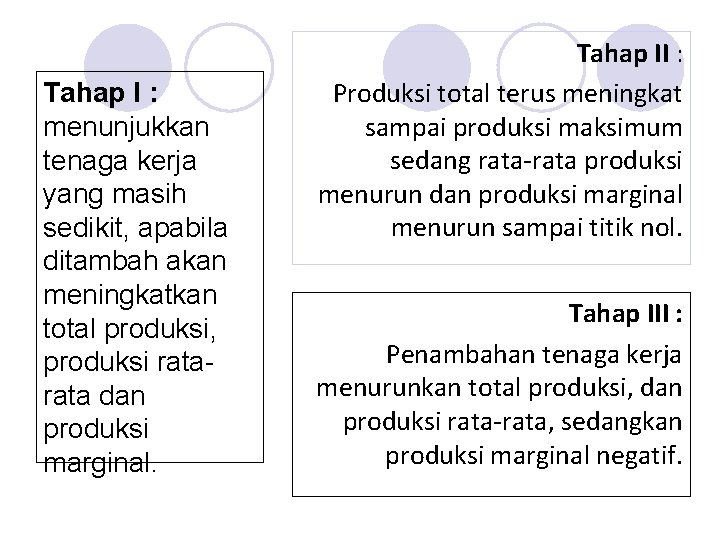 Tahap I : menunjukkan tenaga kerja yang masih sedikit, apabila ditambah akan meningkatkan total