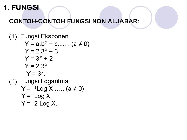 1. FUNGSI CONTOH-CONTOH FUNGSI NON ALJABAR: (1). Fungsi Eksponen: Y = a. b. X