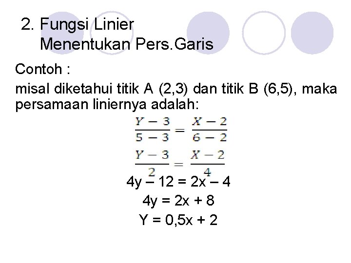 2. Fungsi Linier Menentukan Pers. Garis Contoh : misal diketahui titik A (2, 3)