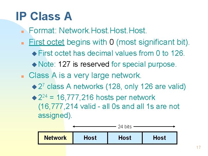 IP Class A n n Format: Network. Host. First octet begins with 0 (most