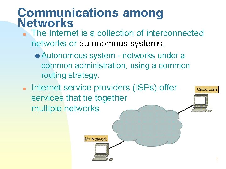 Communications among Networks n The Internet is a collection of interconnected networks or autonomous