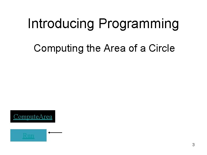 Introducing Programming Computing the Area of a Circle Compute. Area Run 3 