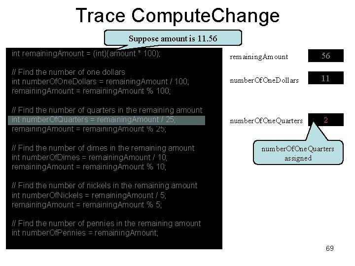 Trace Compute. Change Suppose amount is 11. 56 int remaining. Amount = (int)(amount *