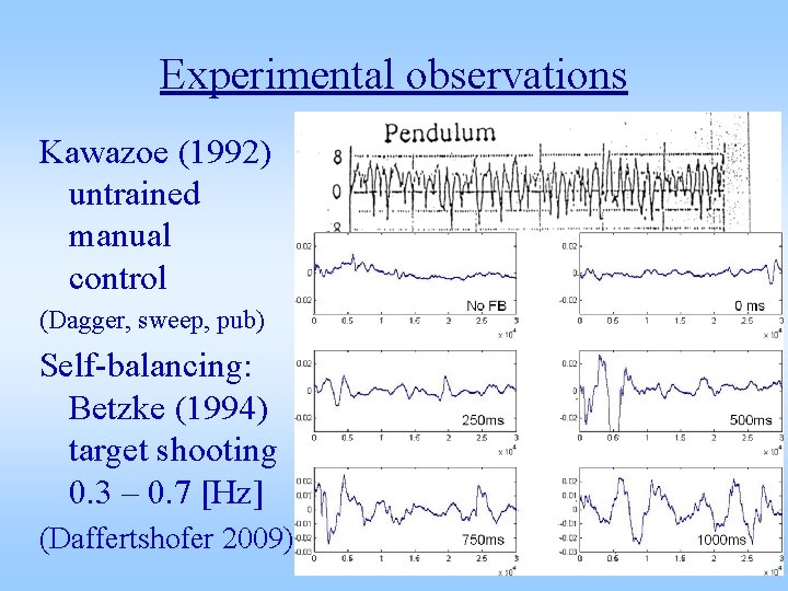 Experimental observations Kawazoe (1992) untrained manual control (Dagger, sweep, pub) Self-balancing: Betzke (1994) target